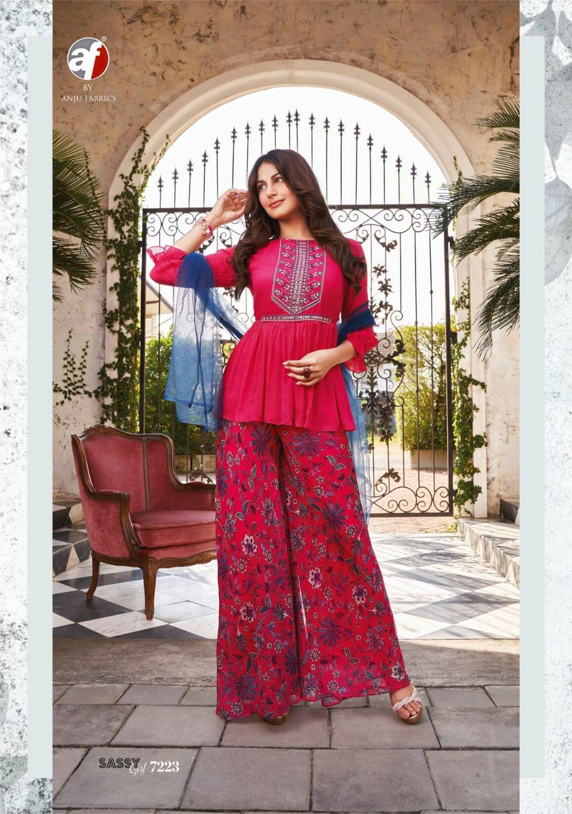 Sassy girl vol-3 by Anu fabrics 7221 TO 7226 SERIES Indian PURE CHINON CHIFFON party wear designer kurti with palazo At Wholesale Price